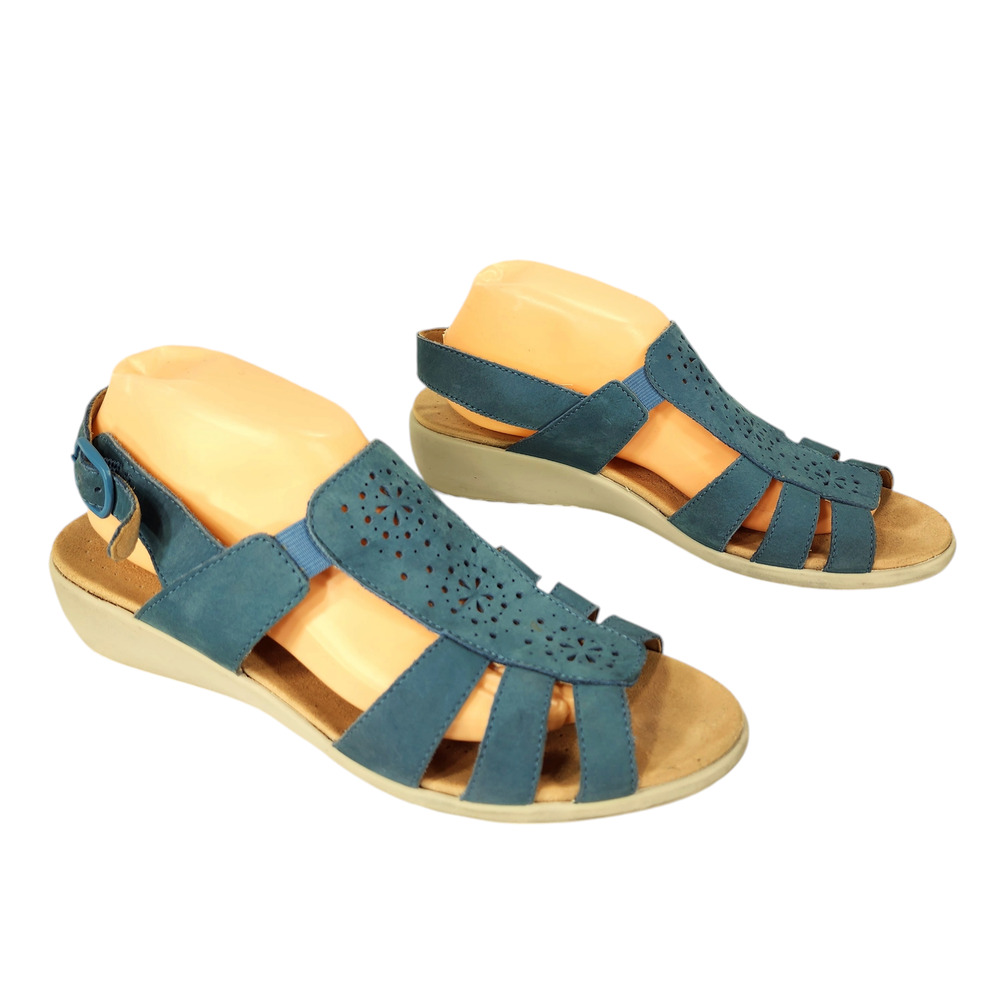 Hotter Sandals 9.5 Womens EU 41.5 Athens Strappy‎ Blue Suede Leather Perforated